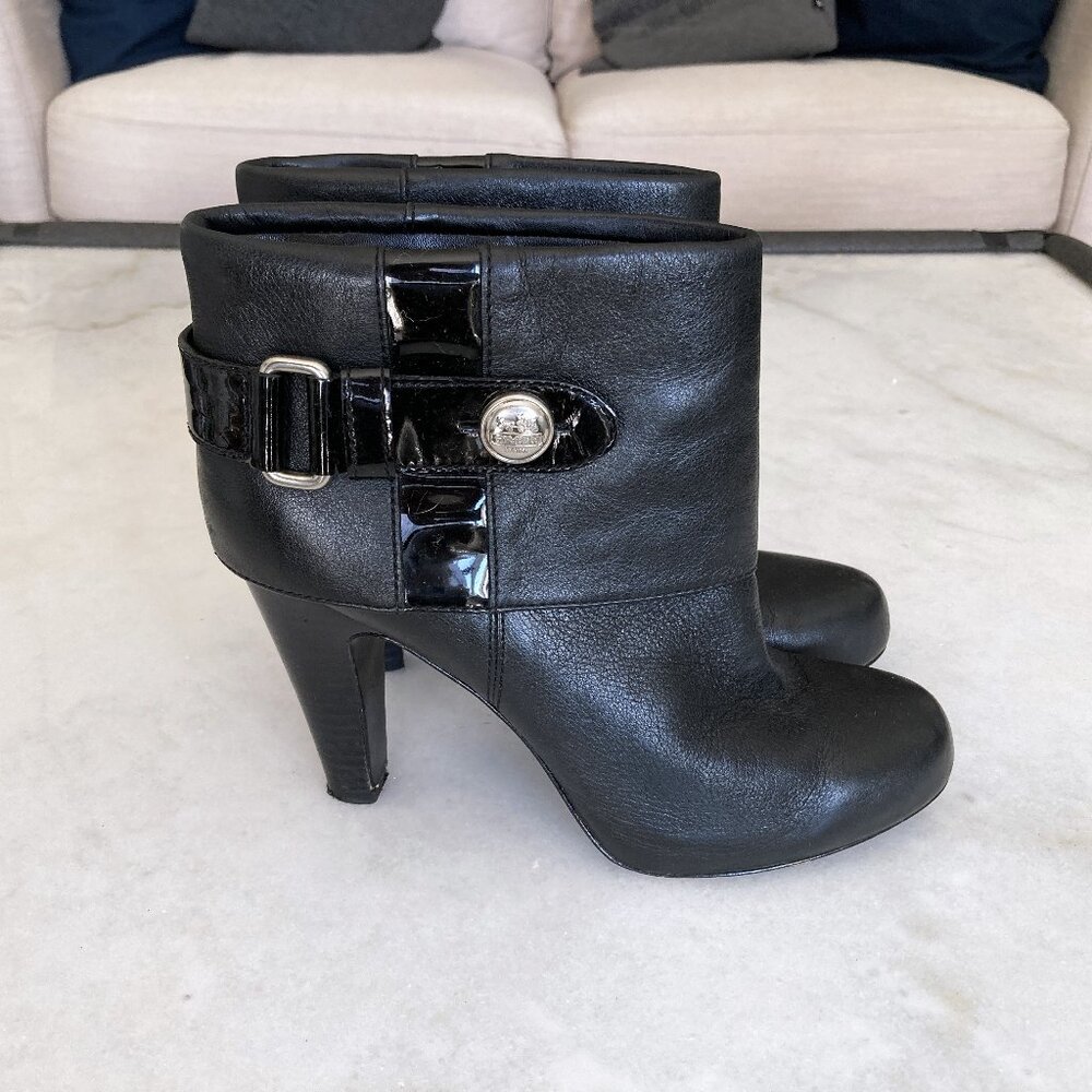 Coach black leather Gene ankle boots / booties, silver hardware, heels, buckles